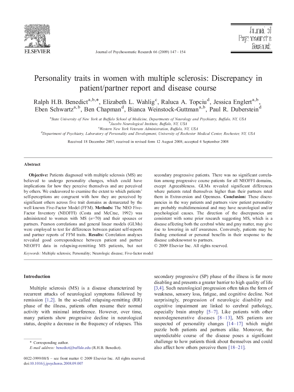 Personality traits in women with multiple sclerosis: Discrepancy in patient/partner report and disease course