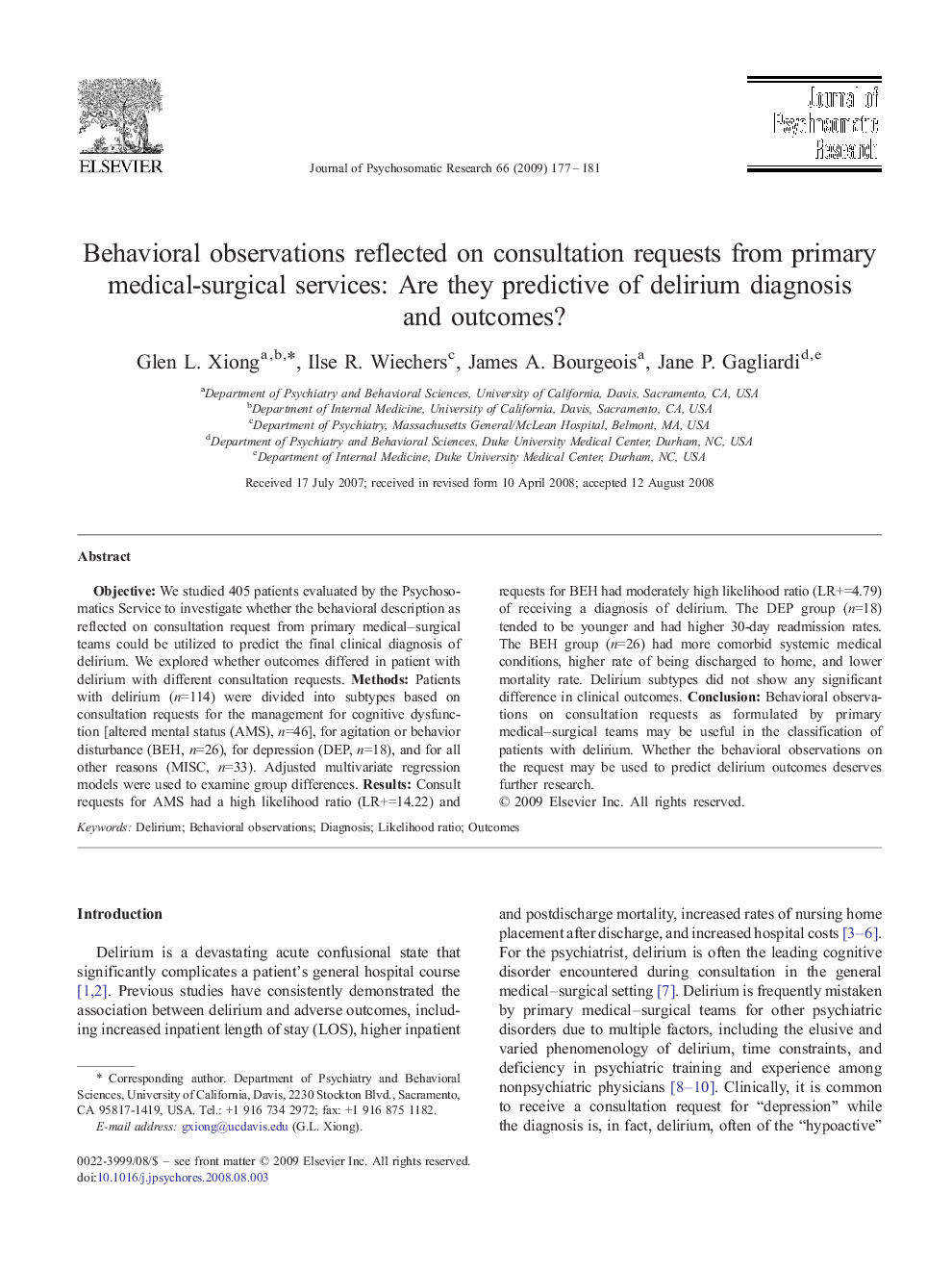 Behavioral observations reflected on consultation requests from primary medical-surgical services: Are they predictive of delirium diagnosis and outcomes?