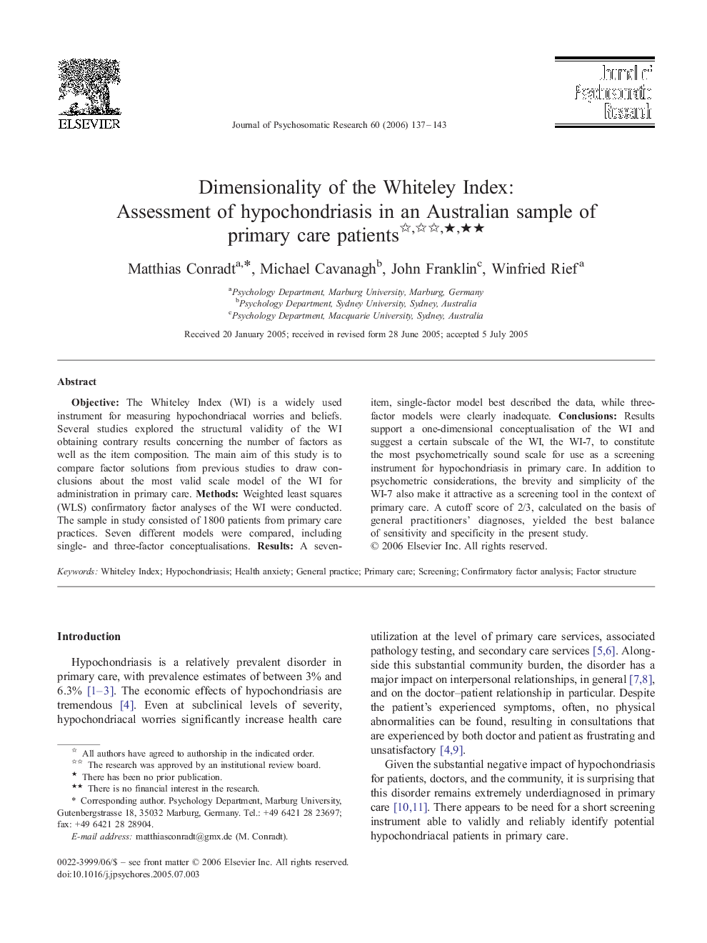 Dimensionality of the Whiteley Index: Assessment of hypochondriasis in an Australian sample of primary care patients ★★★