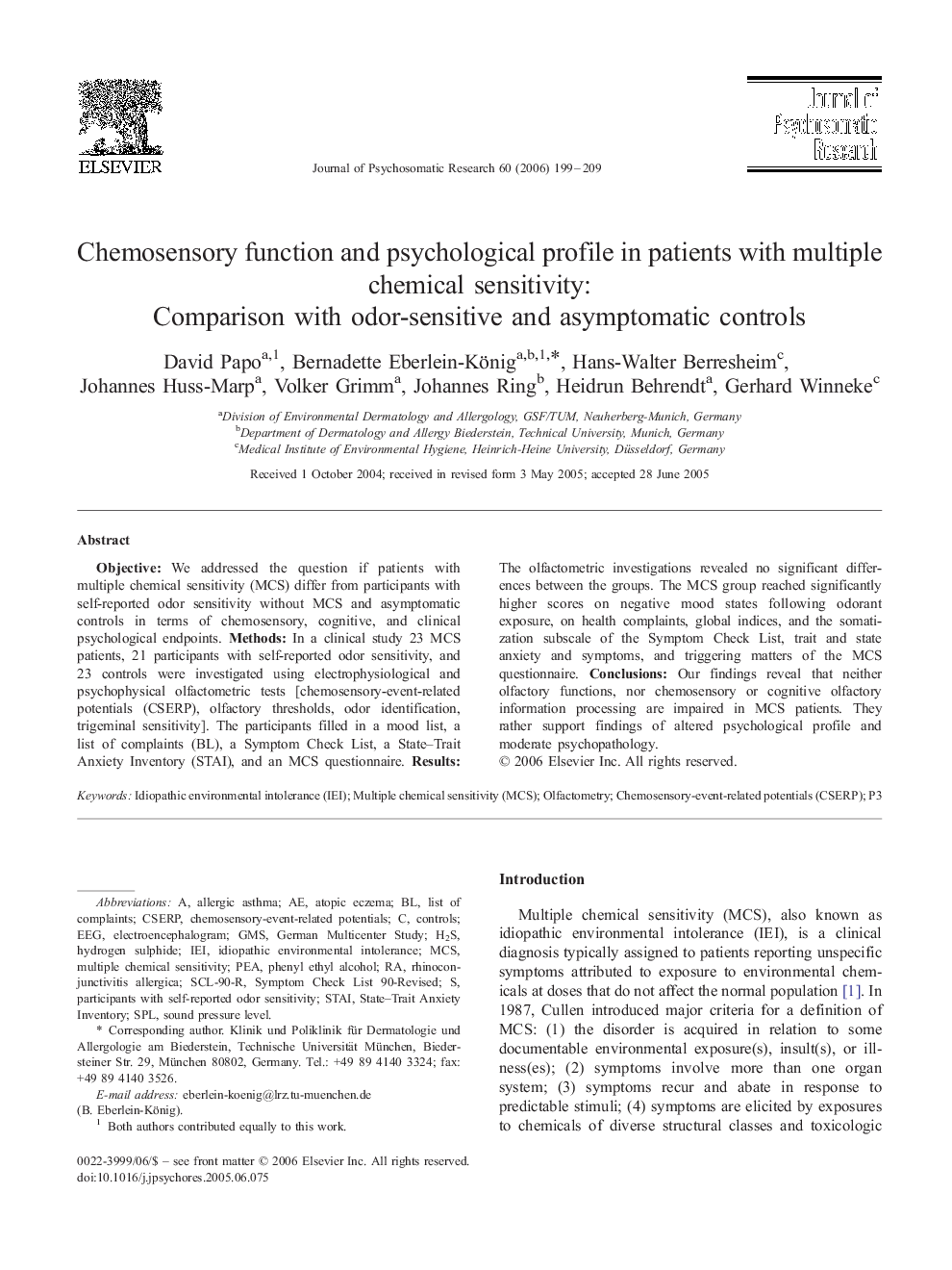 Chemosensory function and psychological profile in patients with multiple chemical sensitivity: Comparison with odor-sensitive and asymptomatic controls