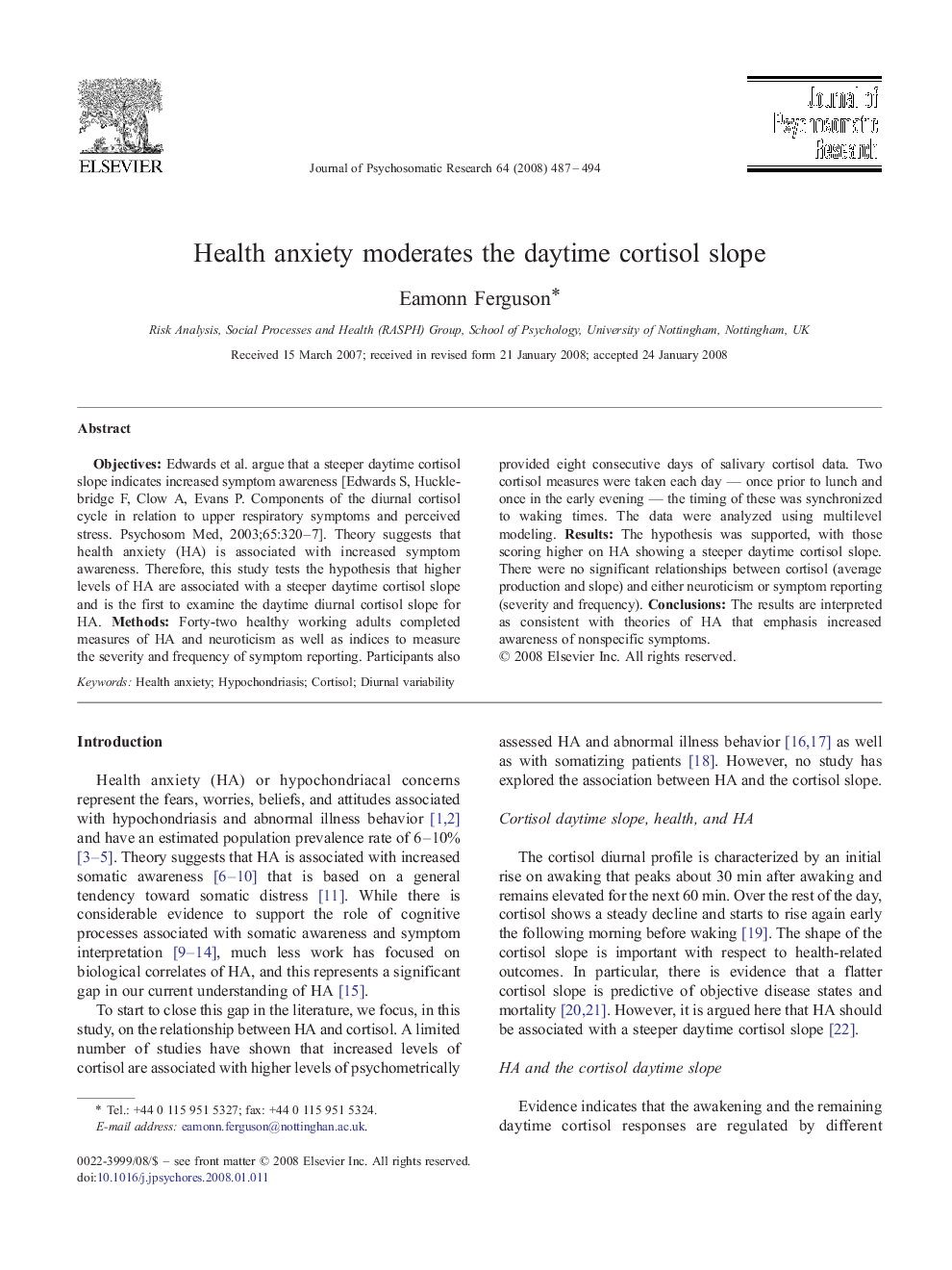 Health anxiety moderates the daytime cortisol slope