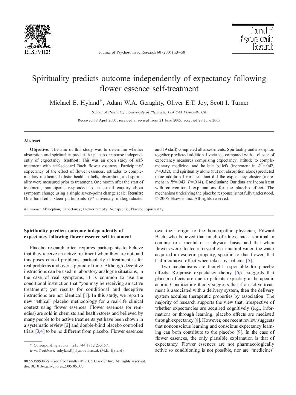 Spirituality predicts outcome independently of expectancy following flower essence self-treatment