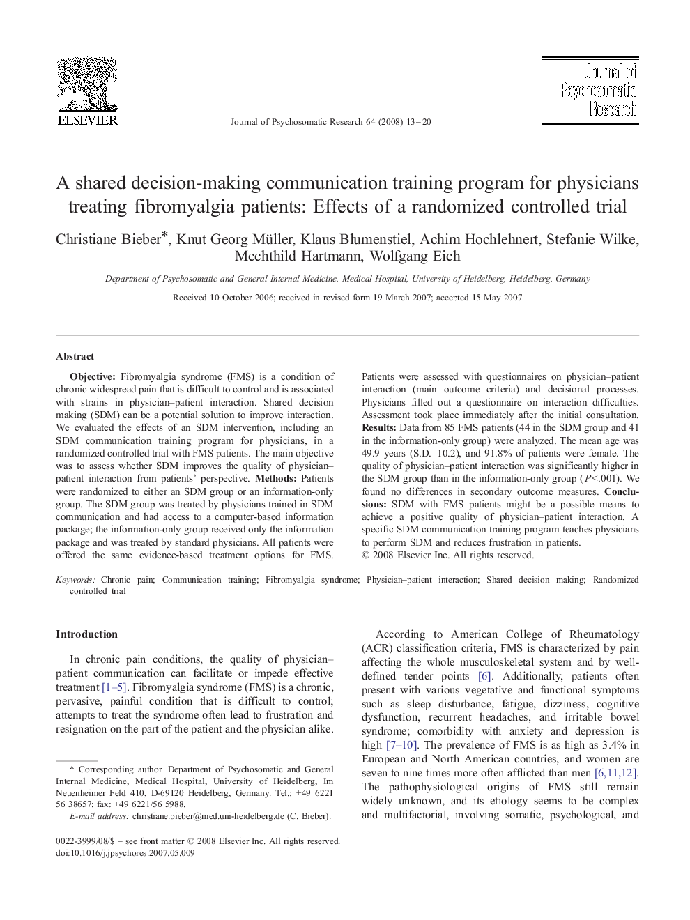 A shared decision-making communication training program for physicians treating fibromyalgia patients: Effects of a randomized controlled trial