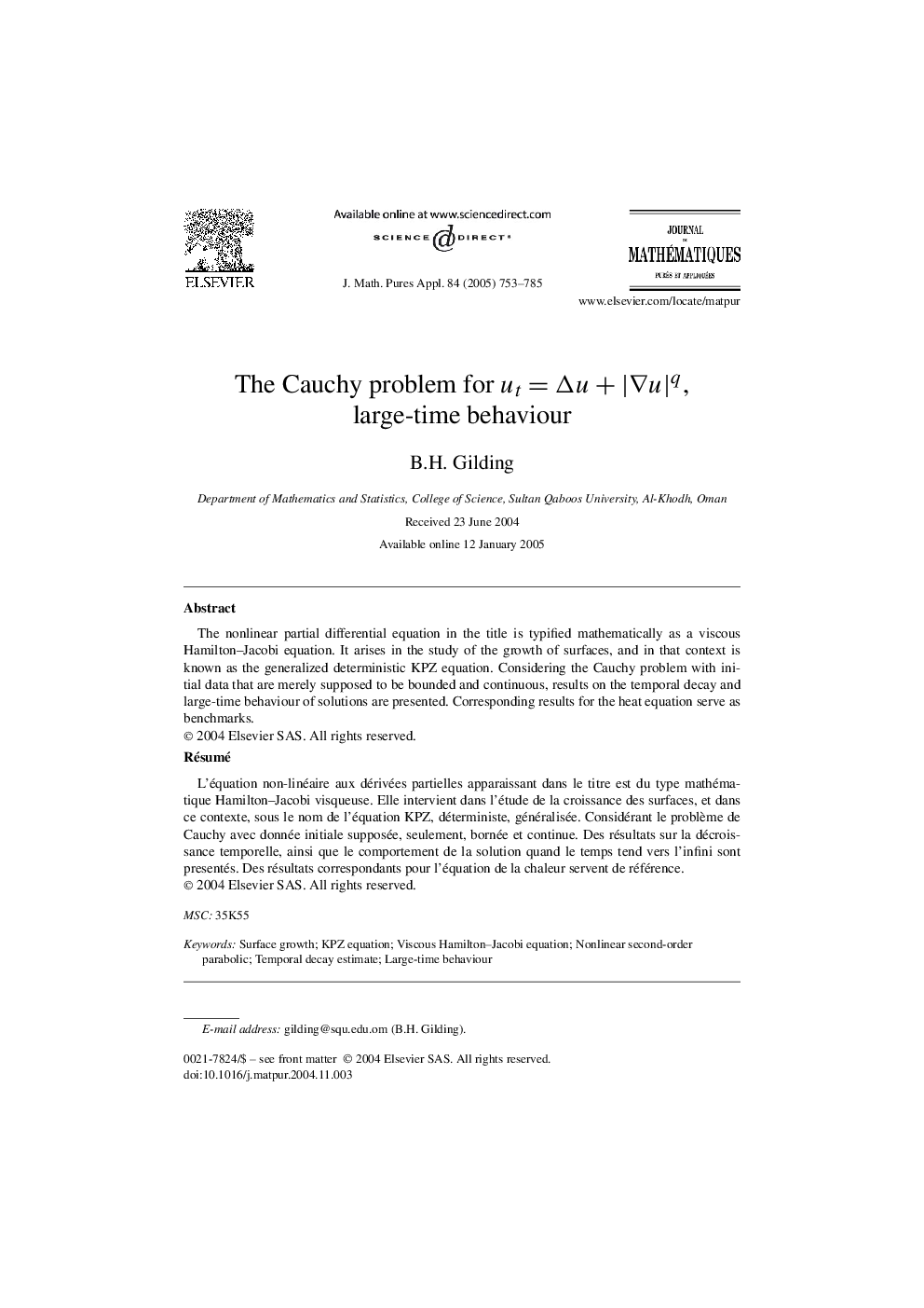 The Cauchy problem for ut=Îu+|âu|q, large-time behaviour