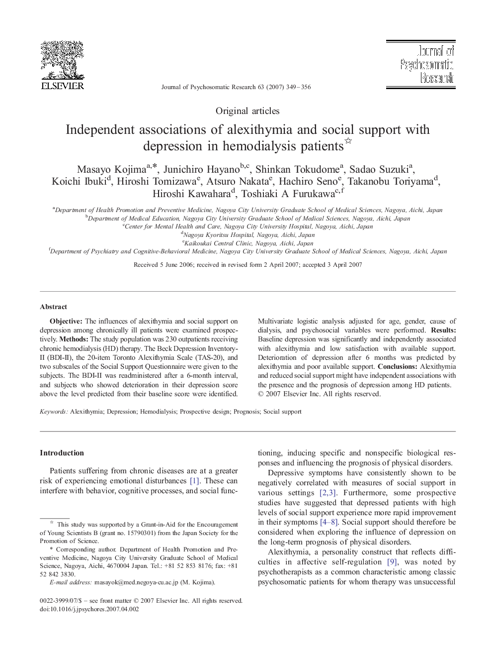 Independent associations of alexithymia and social support with depression in hemodialysis patients 