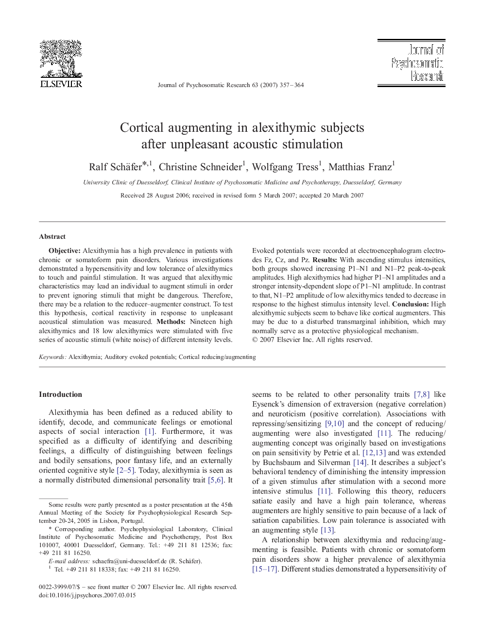 Cortical augmenting in alexithymic subjects after unpleasant acoustic stimulation