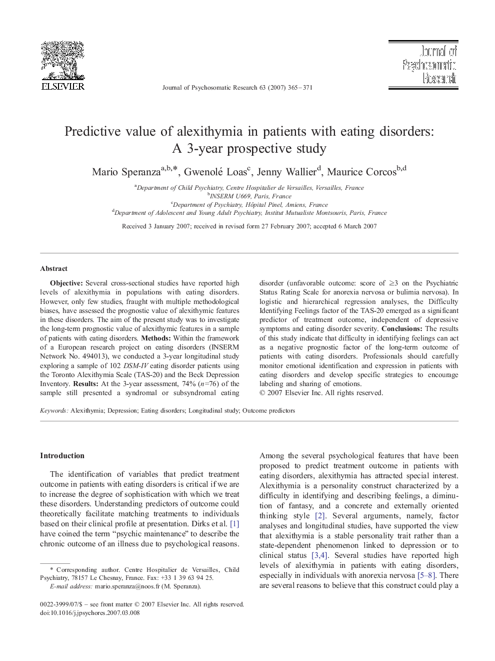 Predictive value of alexithymia in patients with eating disorders: A 3-year prospective study