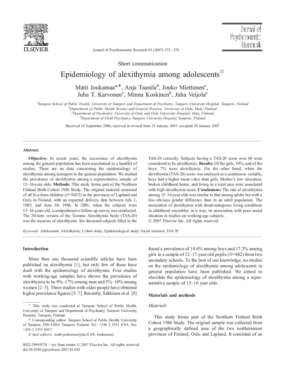 Epidemiology of alexithymia among adolescents 