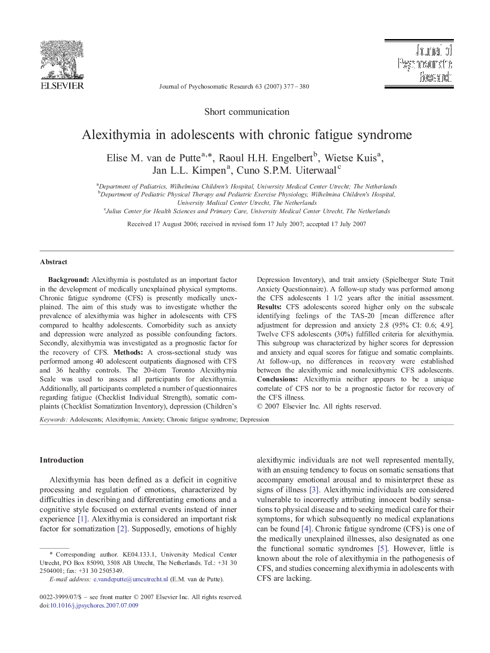 Alexithymia in adolescents with chronic fatigue syndrome