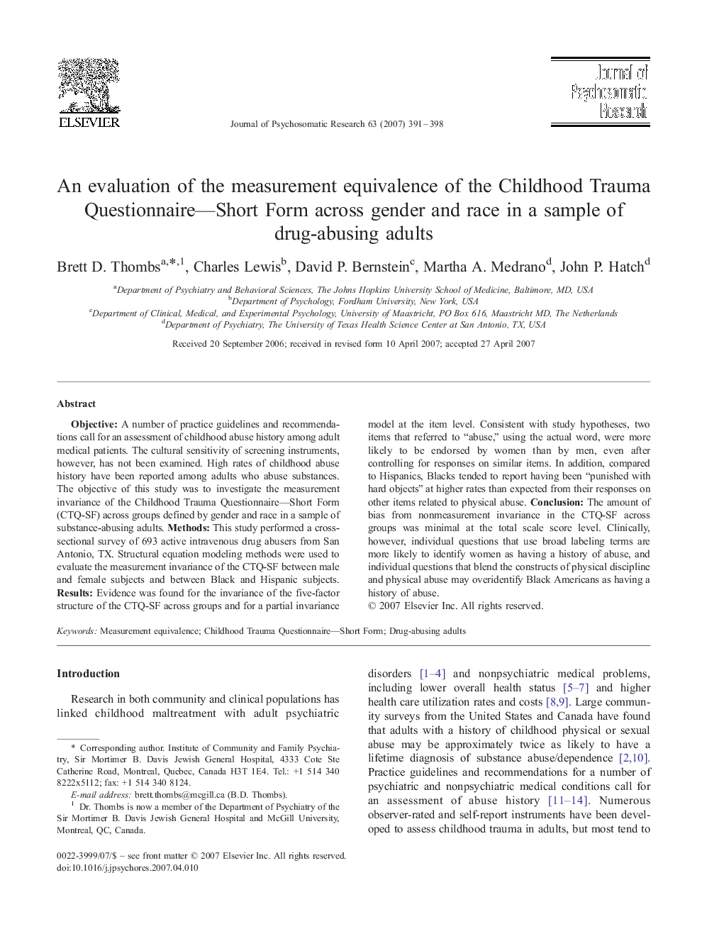 An evaluation of the measurement equivalence of the Childhood Trauma Questionnaire—Short Form across gender and race in a sample of drug-abusing adults