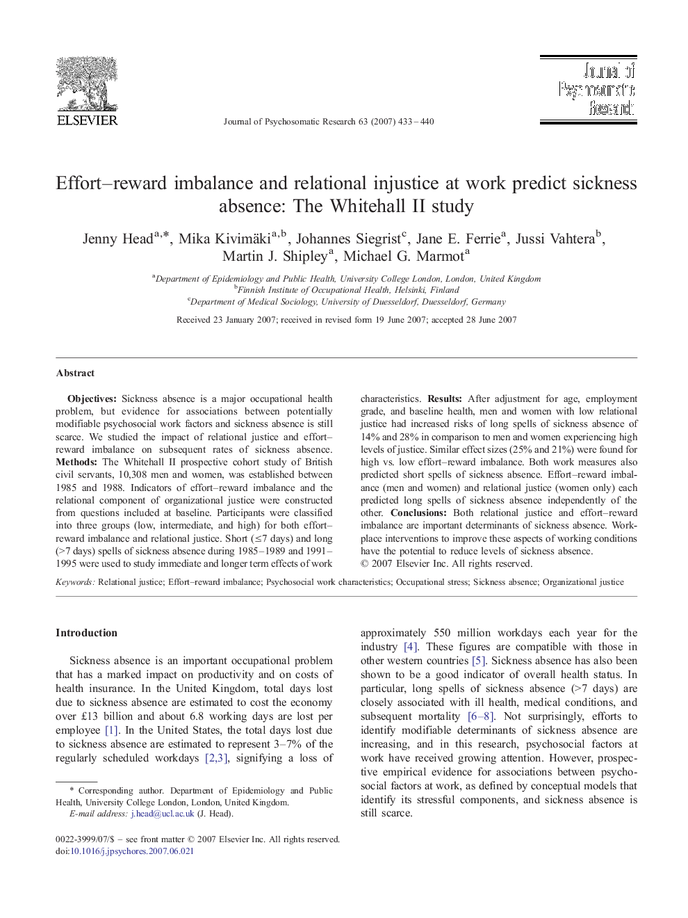 Effort–reward imbalance and relational injustice at work predict sickness absence: The Whitehall II study