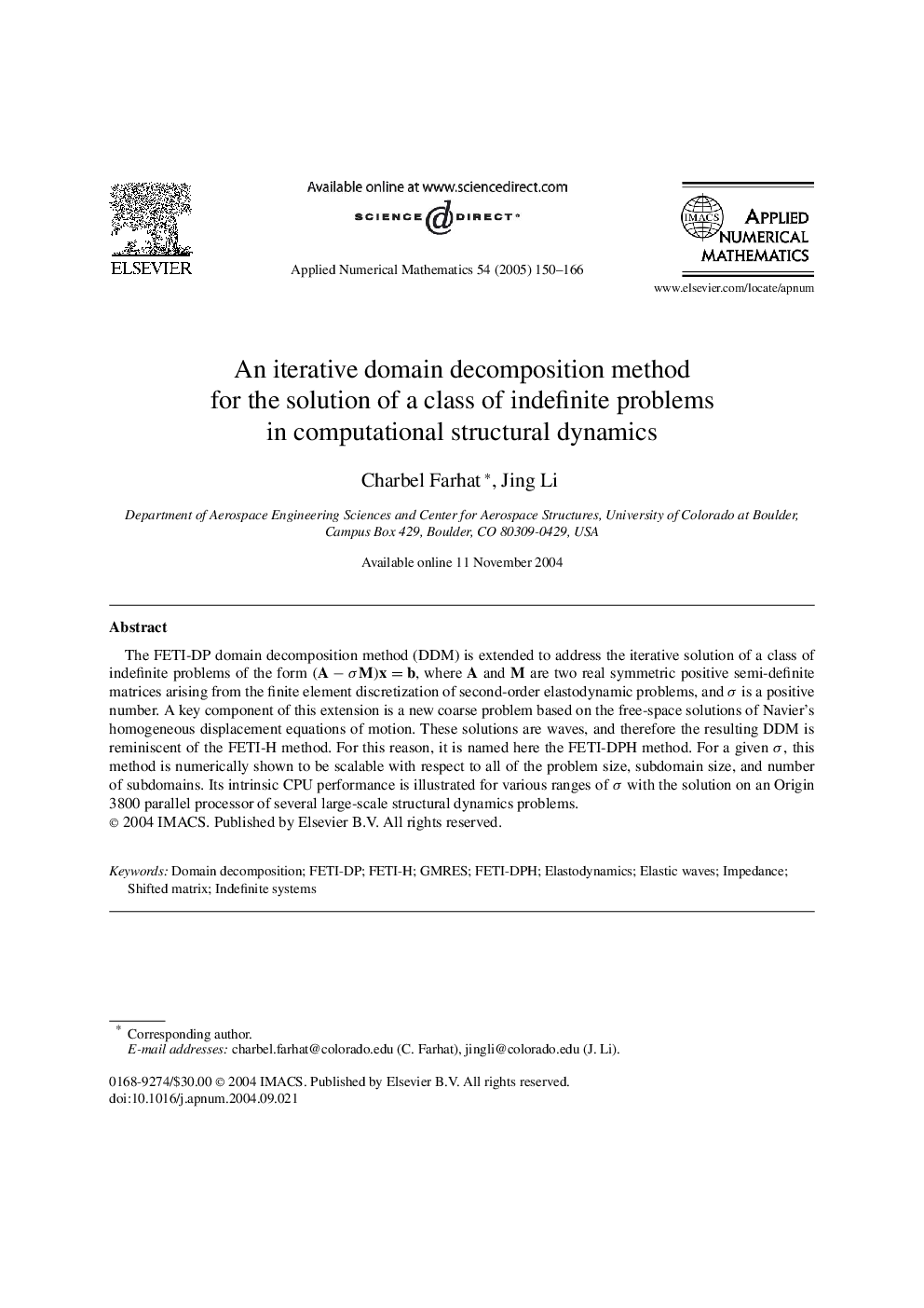 An iterative domain decomposition method for the solution of a class of indefinite problems in computational structural dynamics