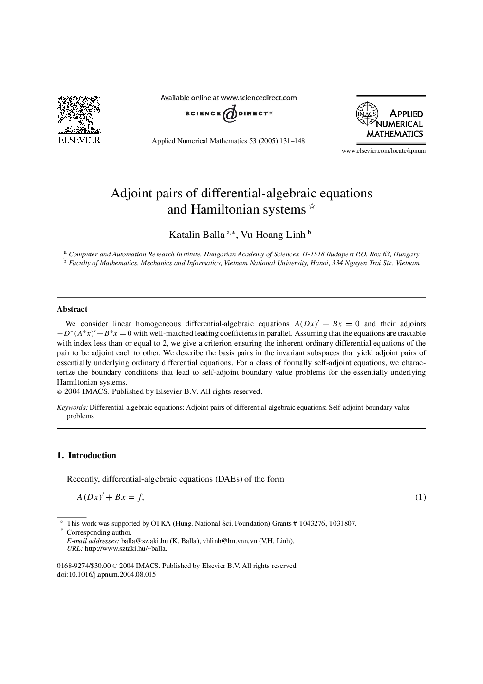 Adjoint pairs of differential-algebraic equations and Hamiltonian systems