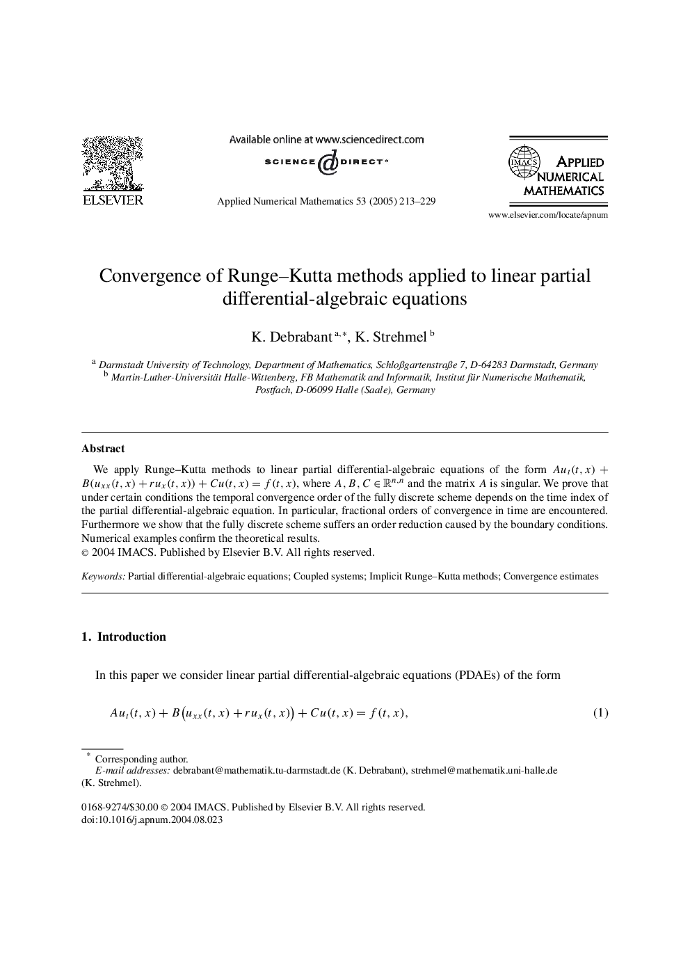 Convergence of Runge-Kutta methods applied to linear partial differential-algebraic equations