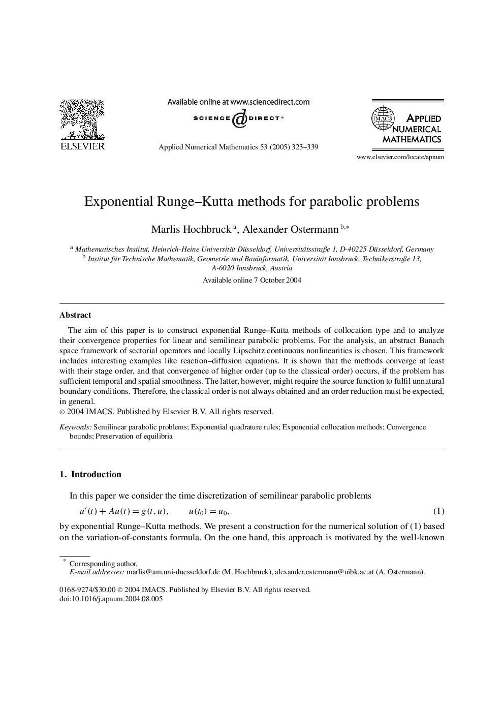 Exponential Runge-Kutta methods for parabolic problems