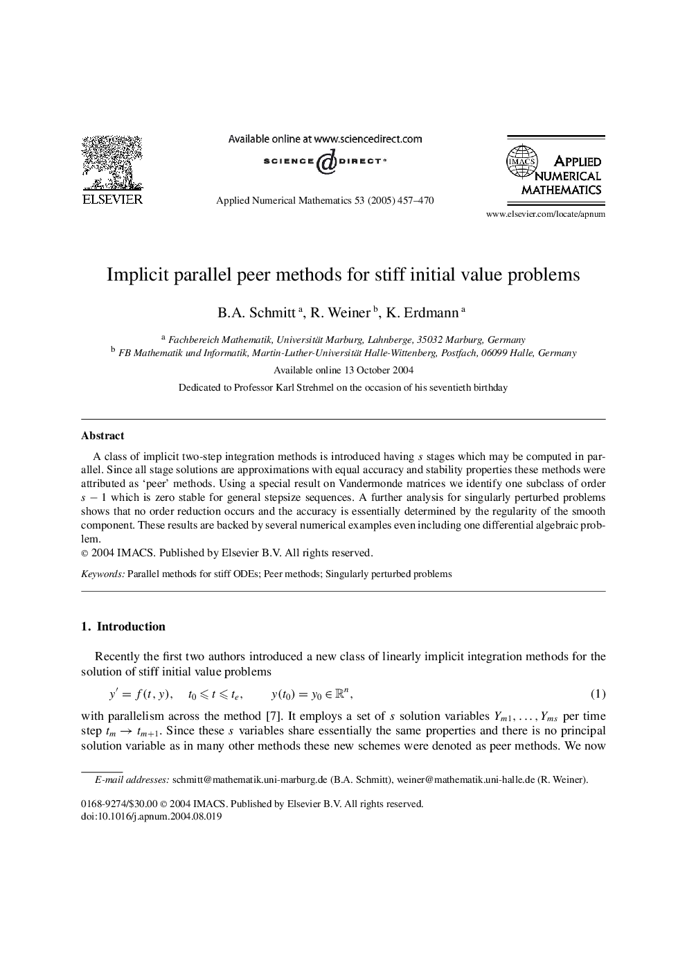 Implicit parallel peer methods for stiff initial value problems