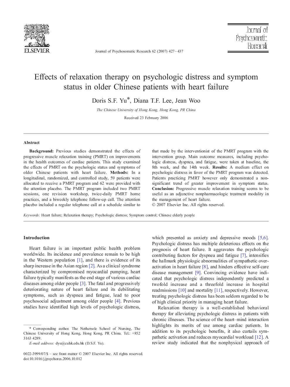 Effects of relaxation therapy on psychologic distress and symptom status in older Chinese patients with heart failure