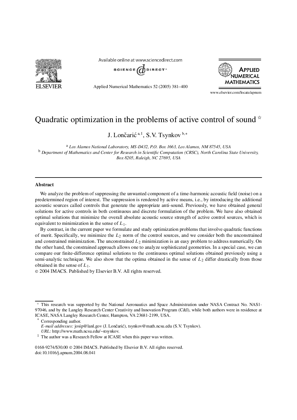 Quadratic optimization in the problems of active control of sound