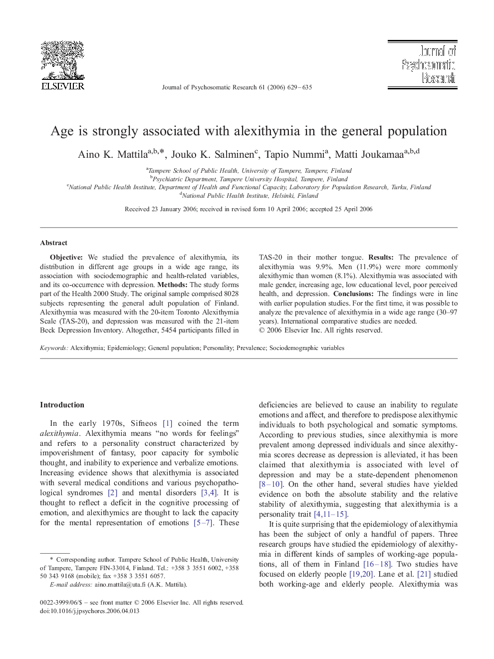 Age is strongly associated with alexithymia in the general population