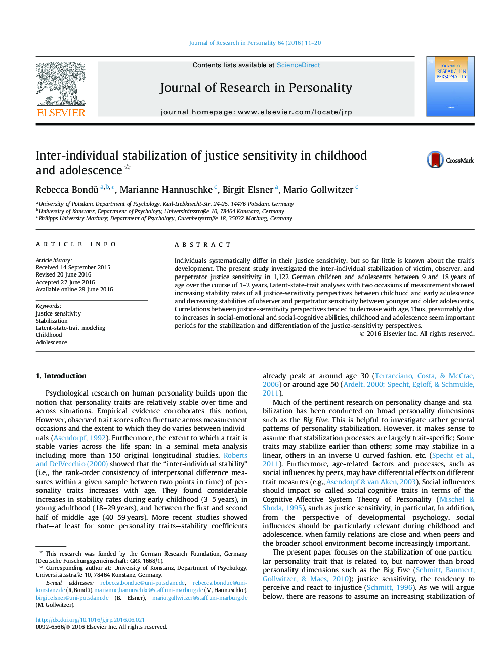 Inter-individual stabilization of justice sensitivity in childhood and adolescence 