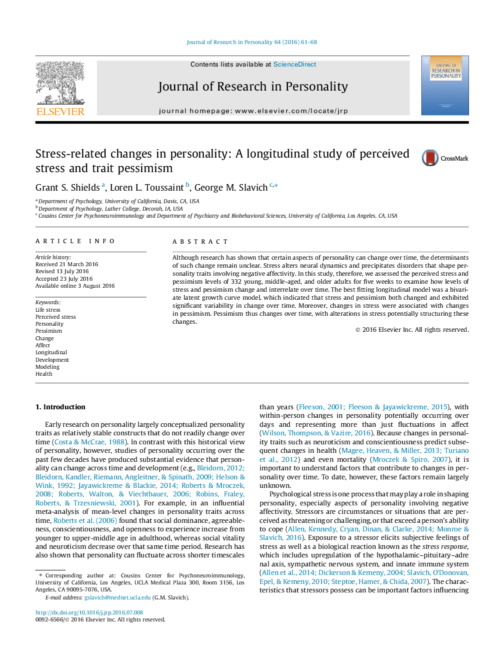 Stress-related changes in personality: A longitudinal study of perceived stress and trait pessimism