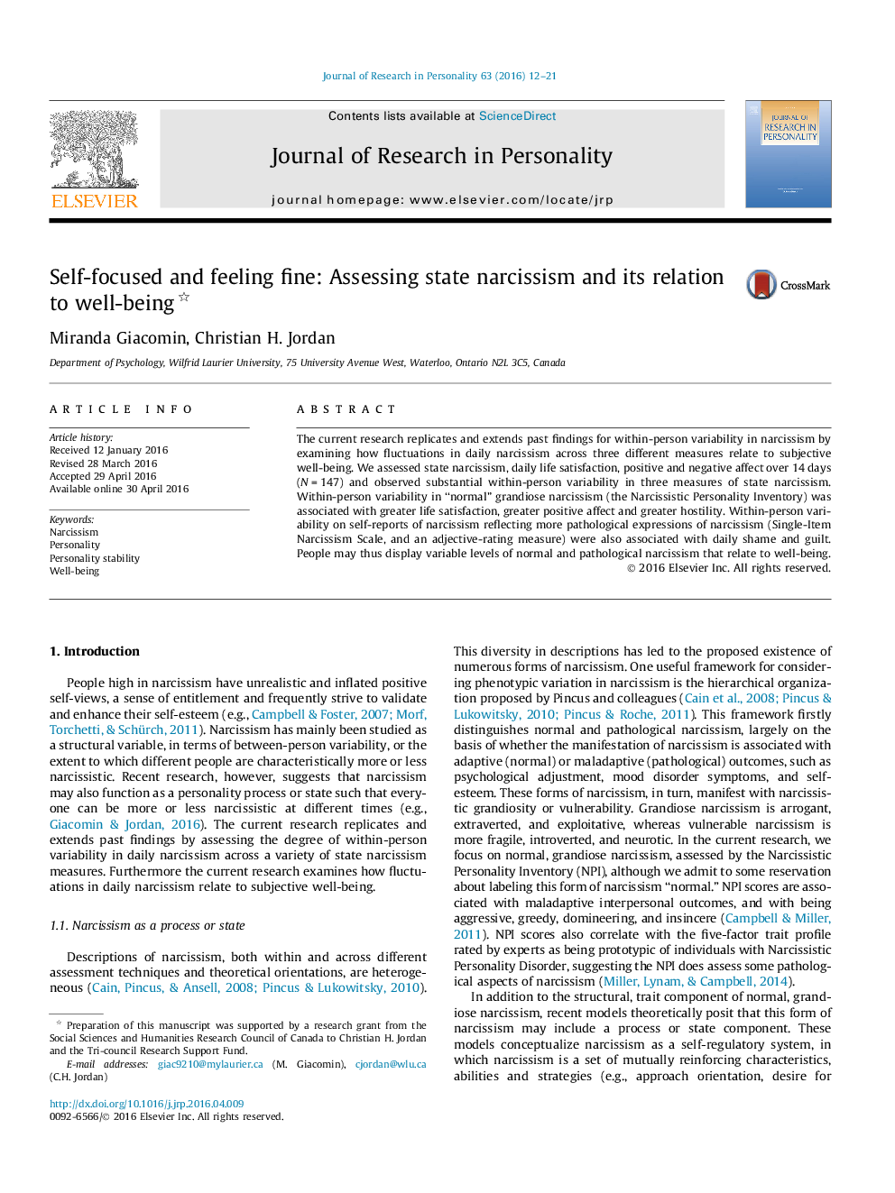 Self-focused and feeling fine: Assessing state narcissism and its relation to well-being 