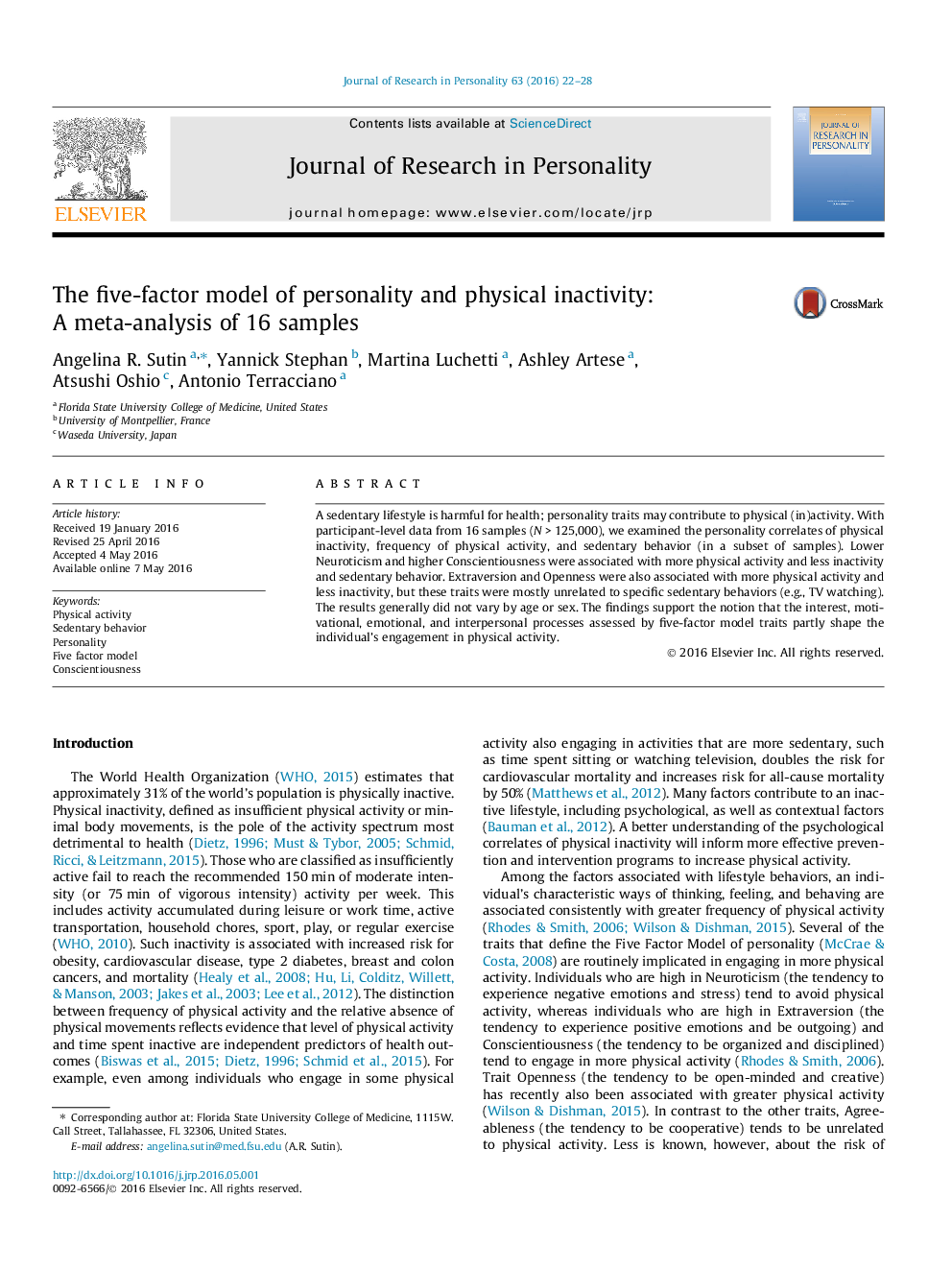 The five-factor model of personality and physical inactivity: A meta-analysis of 16 samples