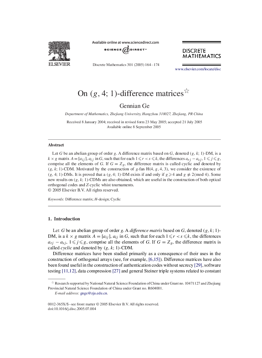 On (g,4;1)-difference matrices