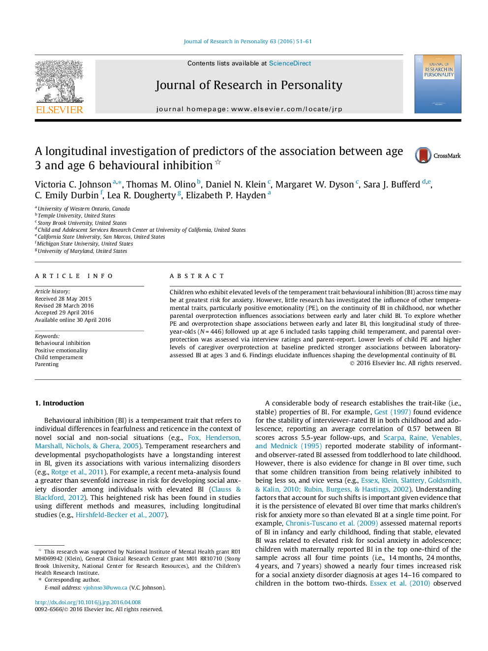 A longitudinal investigation of predictors of the association between age 3 and age 6 behavioural inhibition 