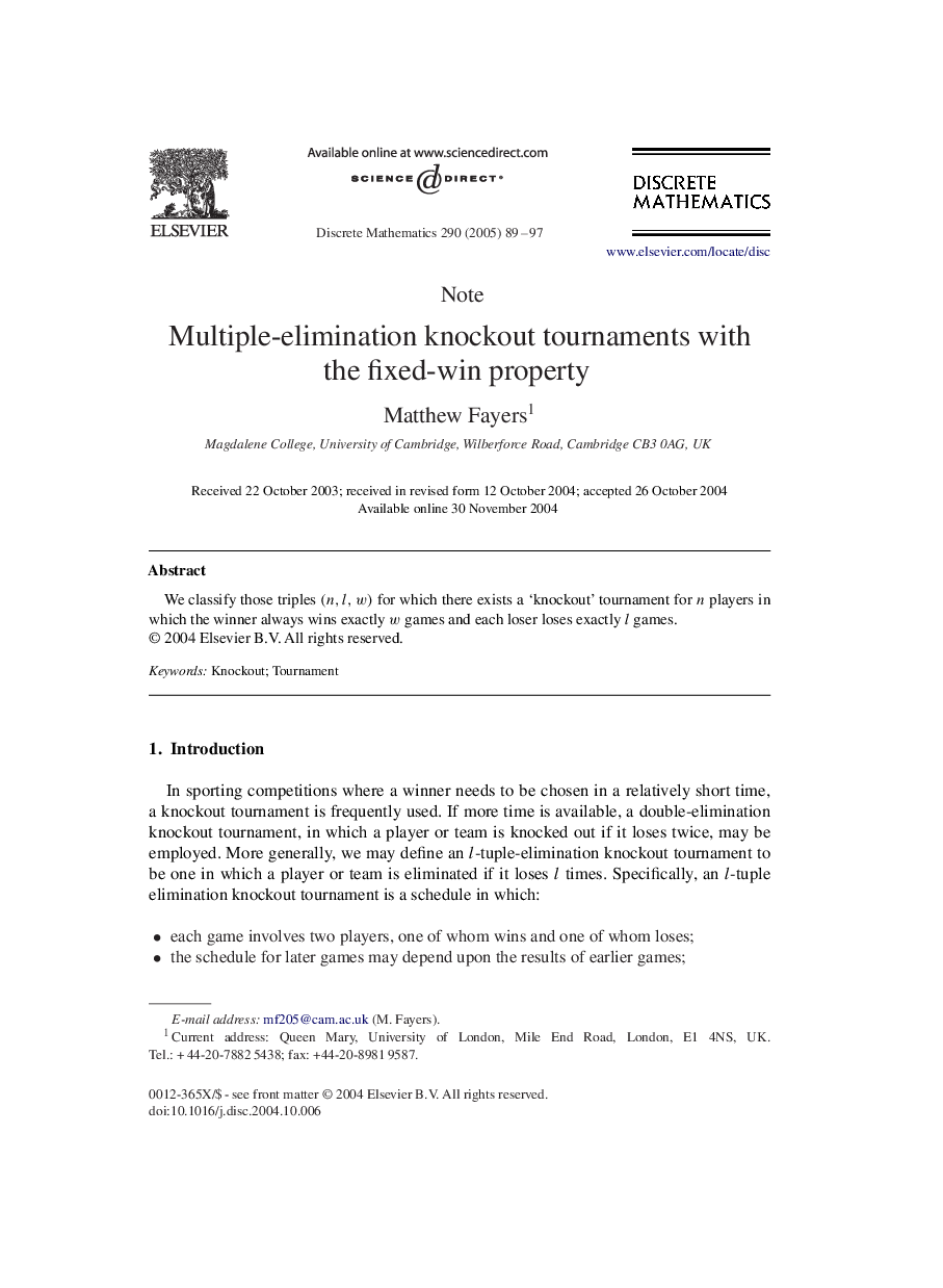 Multiple-elimination knockout tournaments with the fixed-win property