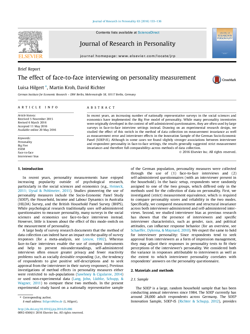 The effect of face-to-face interviewing on personality measurement