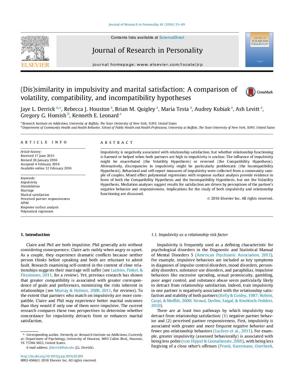 (Dis)similarity in impulsivity and marital satisfaction: A comparison of volatility, compatibility, and incompatibility hypotheses