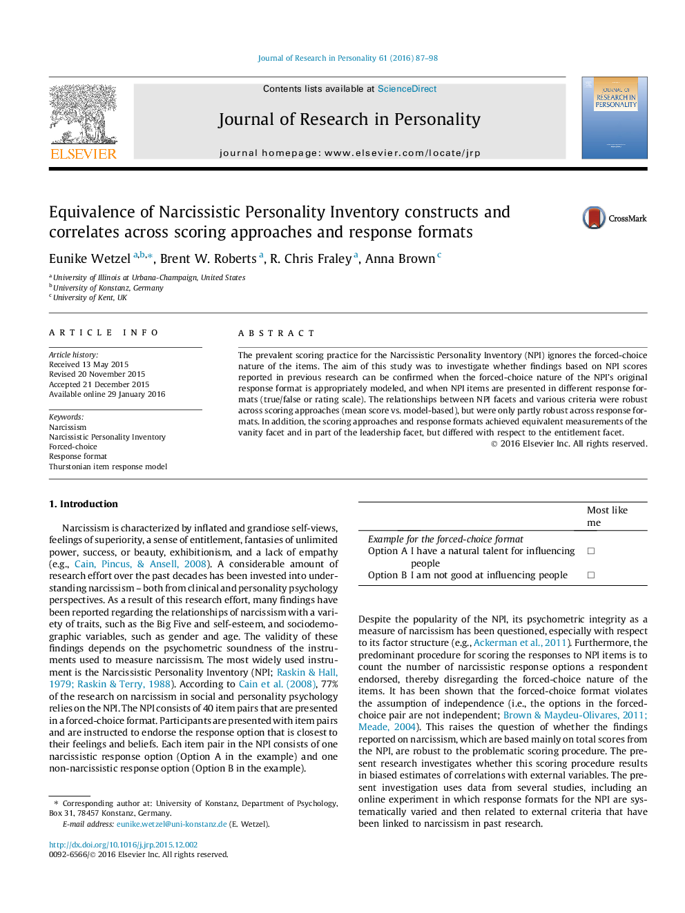 Equivalence of Narcissistic Personality Inventory constructs and correlates across scoring approaches and response formats