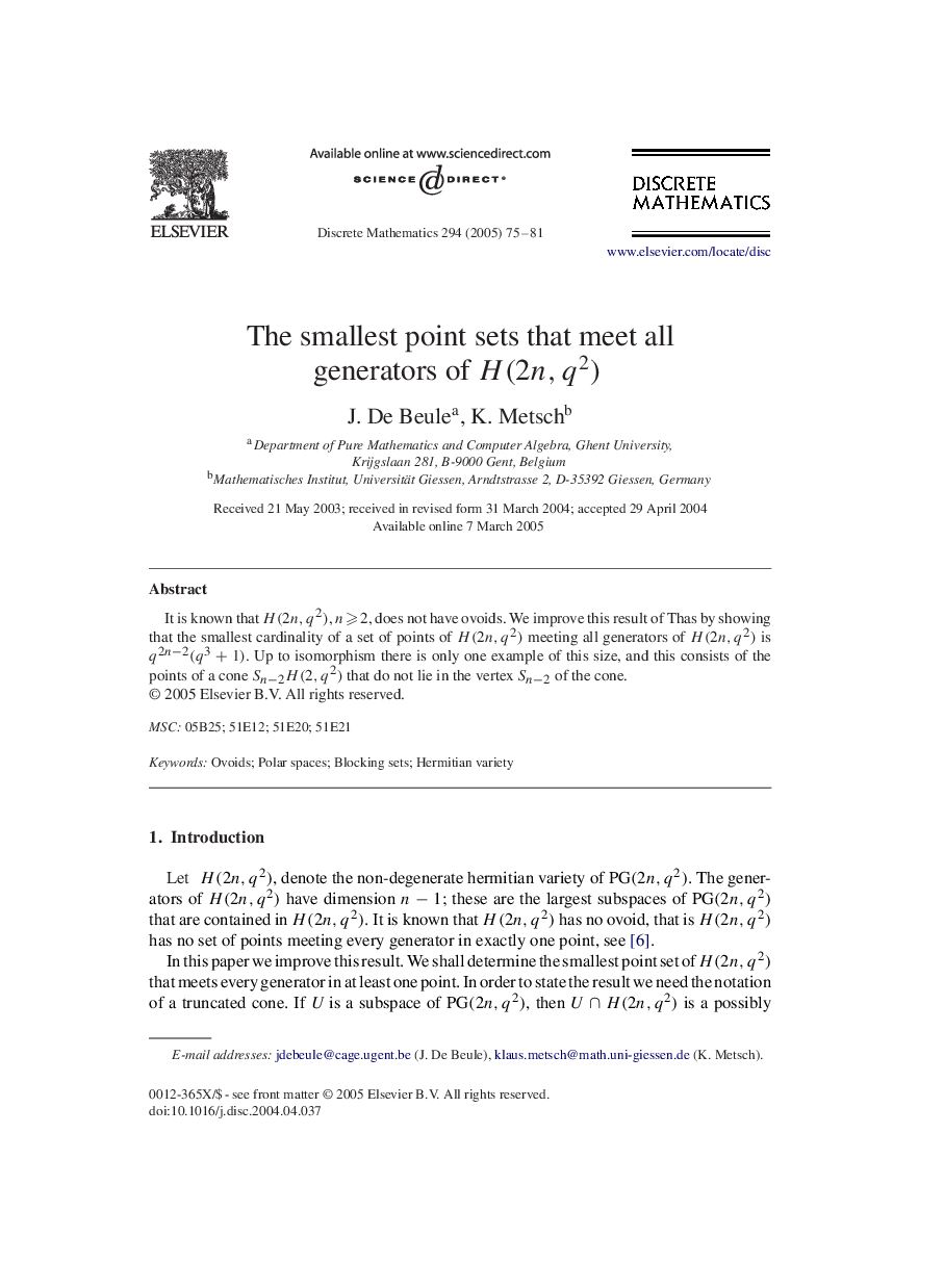 The smallest point sets that meet all generators of H(2n,q2)