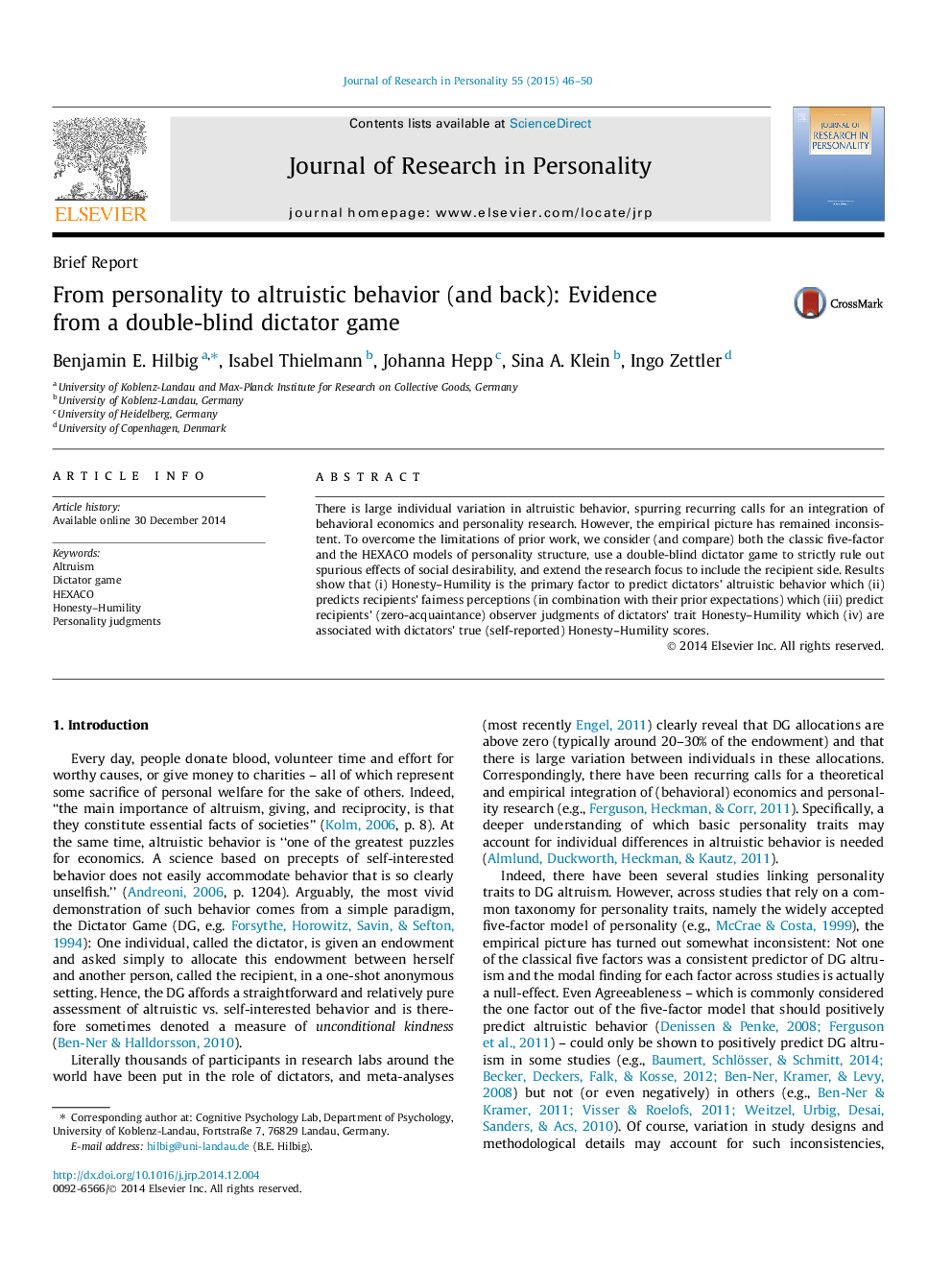 From personality to altruistic behavior (and back): Evidence from a double-blind dictator game