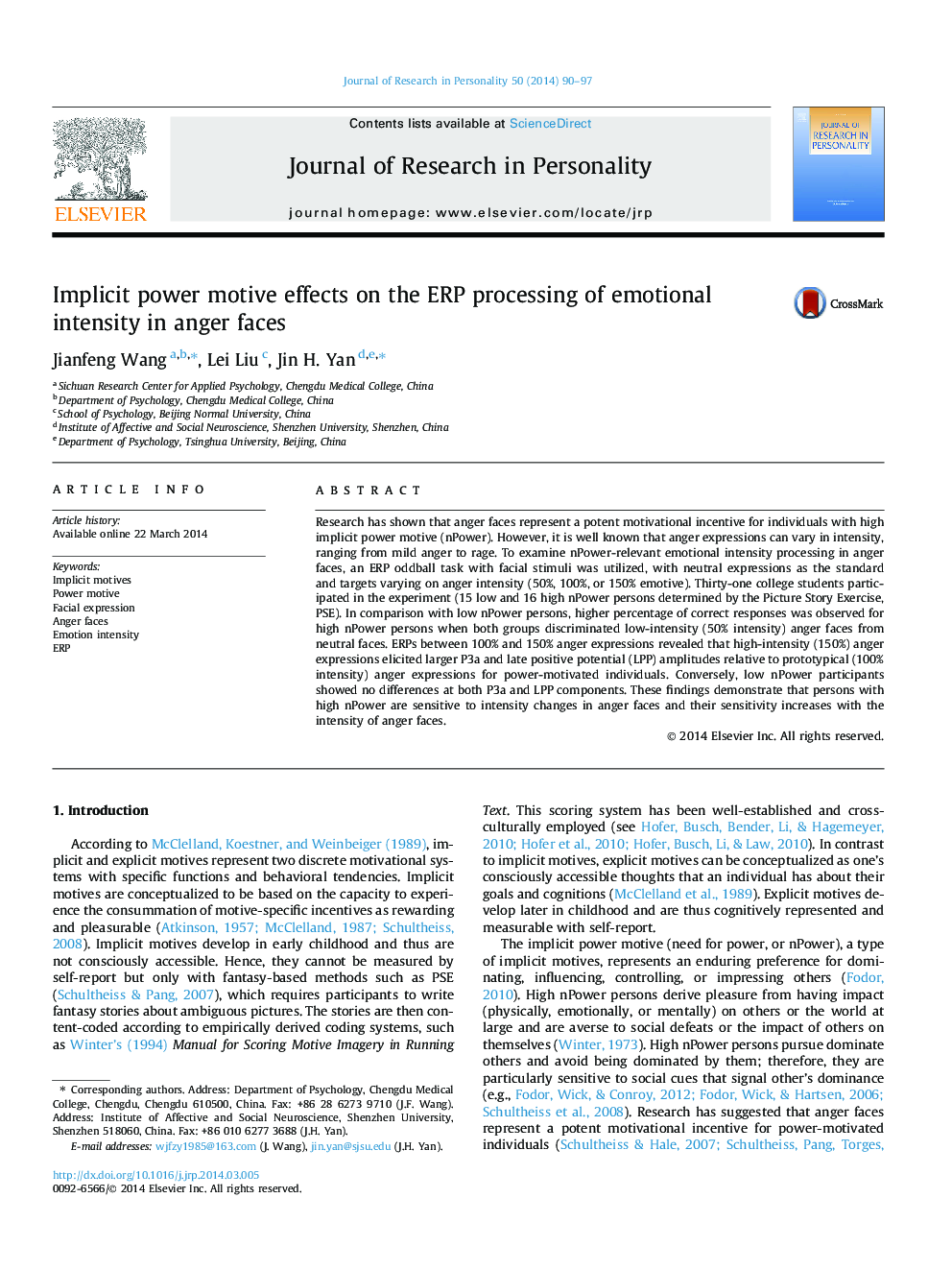 Implicit power motive effects on the ERP processing of emotional intensity in anger faces