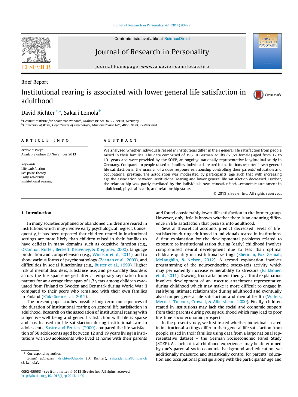 Institutional rearing is associated with lower general life satisfaction in adulthood