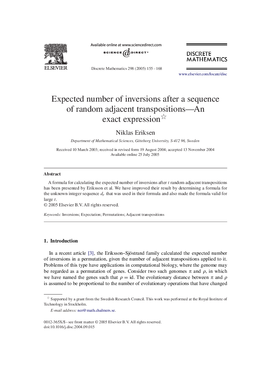 Expected number of inversions after a sequence of random adjacent transpositions-An exact expression