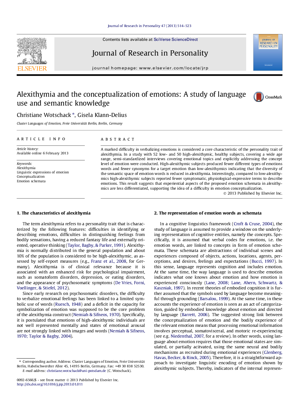 Alexithymia and the conceptualization of emotions: A study of language use and semantic knowledge