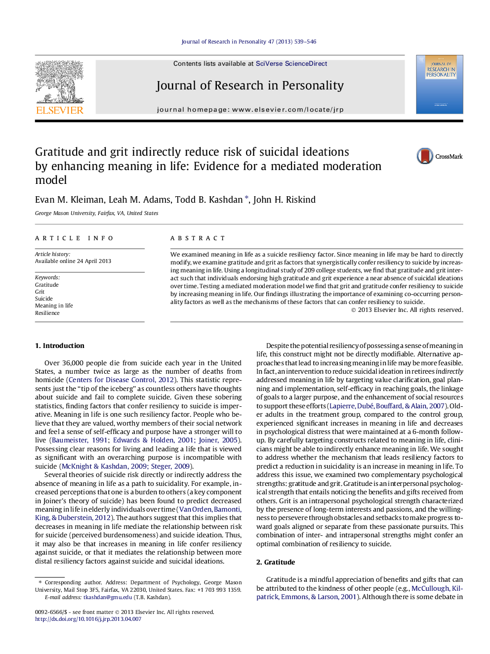 Gratitude and grit indirectly reduce risk of suicidal ideations by enhancing meaning in life: Evidence for a mediated moderation model