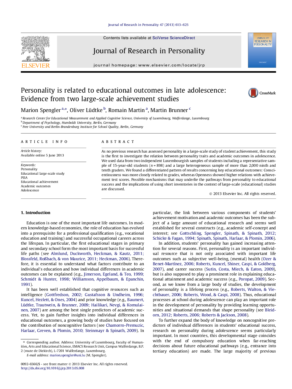 Personality is related to educational outcomes in late adolescence: Evidence from two large-scale achievement studies