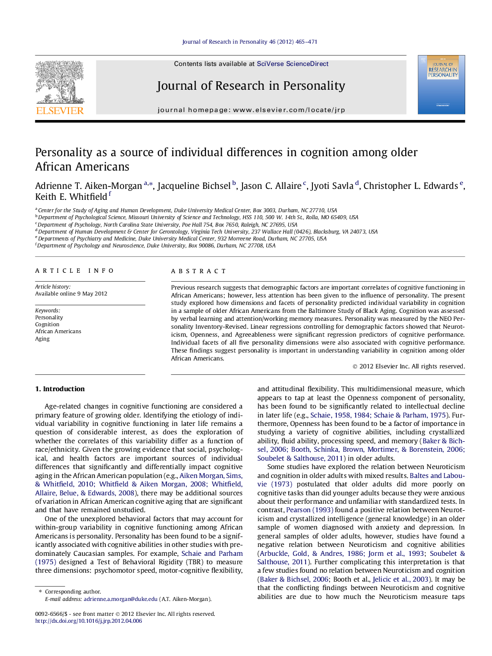 عکس صفحه اول مقاله: Personality as a source of individual differences in cognition among older African Americans Personality as a source of individual differences in cognition among older African Americans