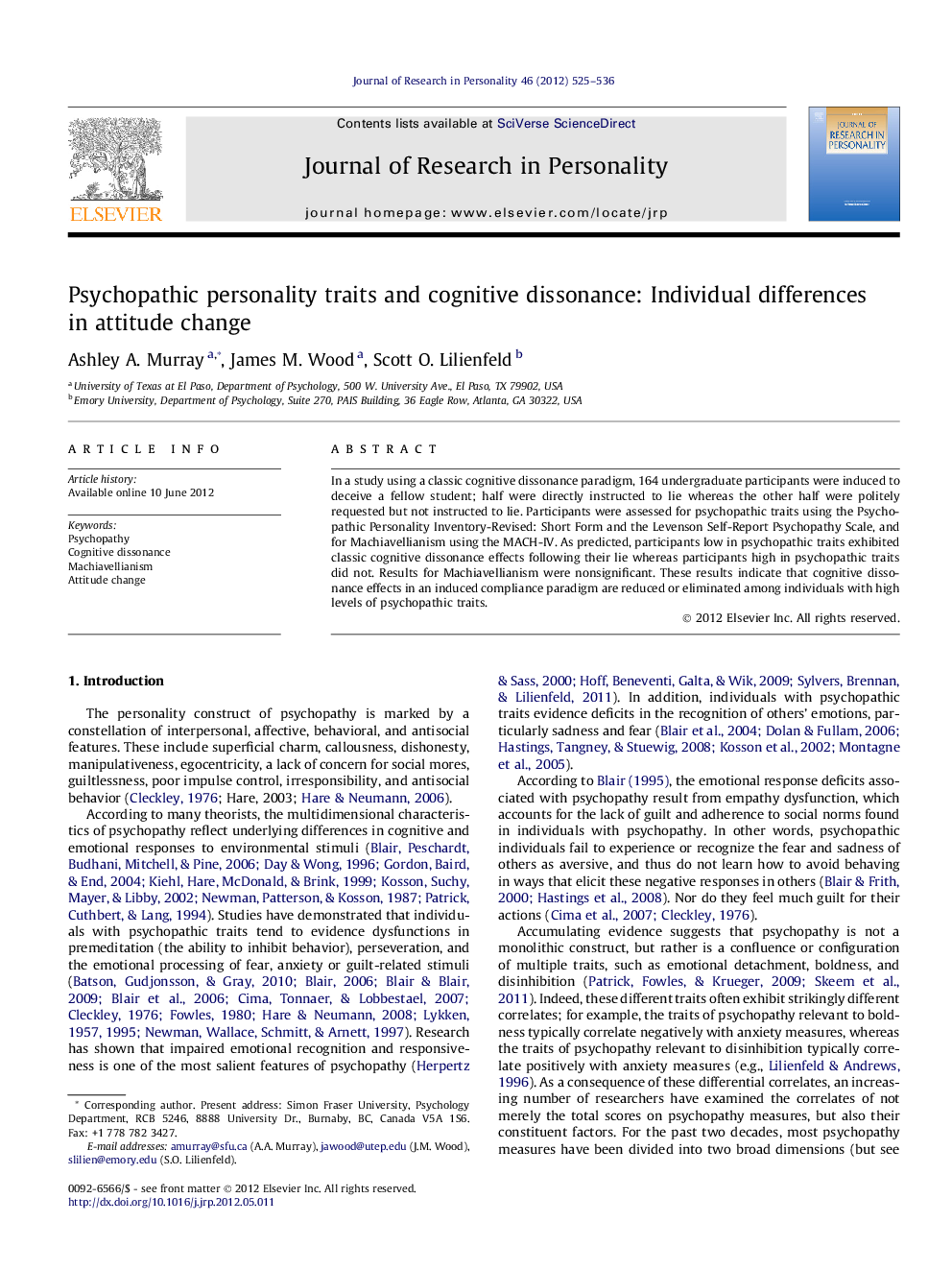 Psychopathic personality traits and cognitive dissonance: Individual differences in attitude change