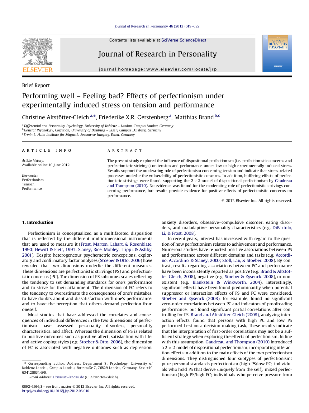 Performing well – Feeling bad? Effects of perfectionism under experimentally induced stress on tension and performance