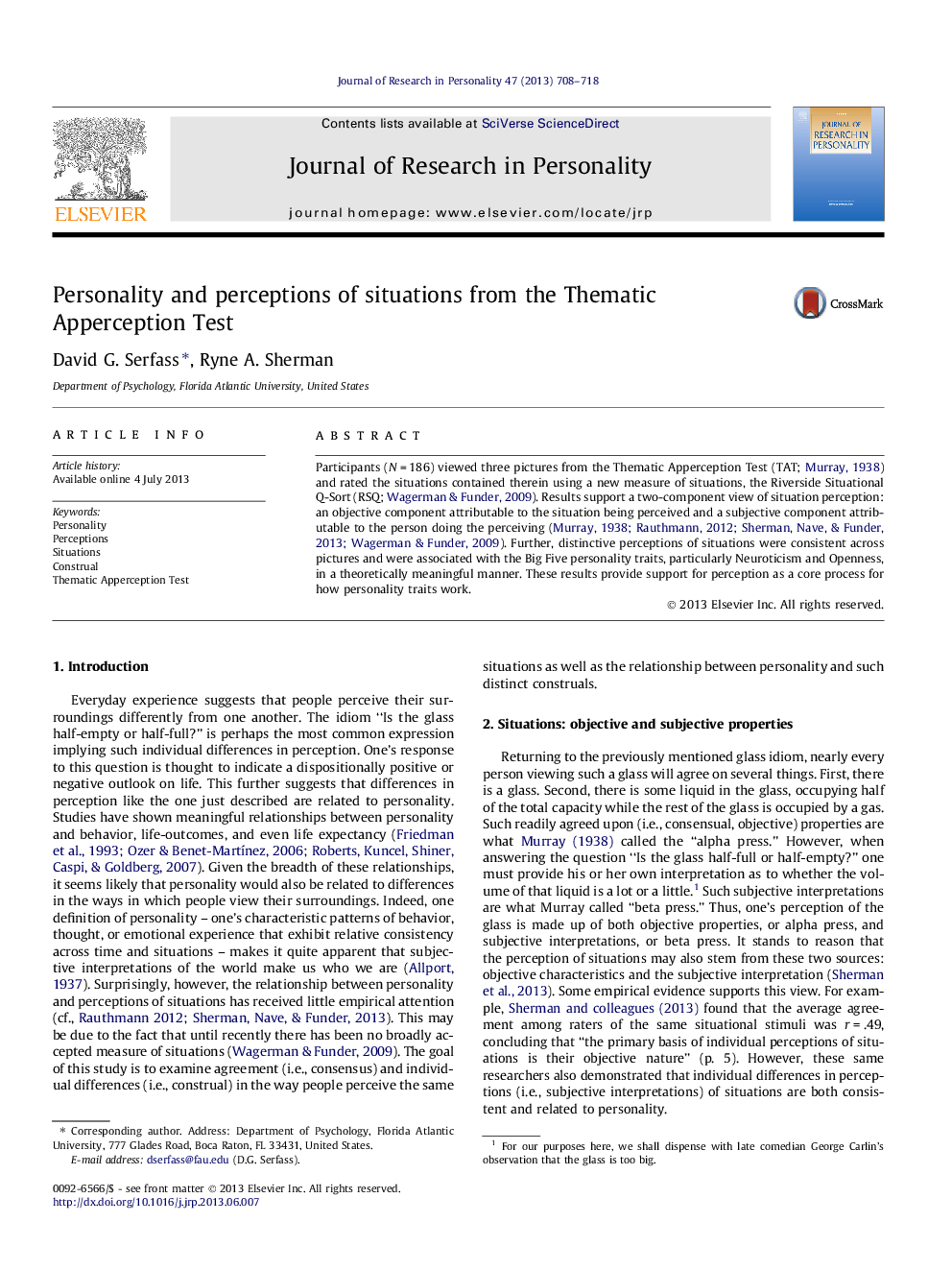 Personality and perceptions of situations from the Thematic Apperception Test