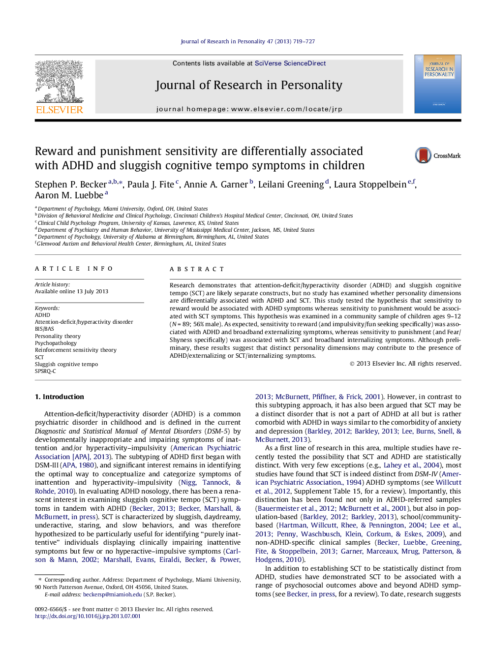 Reward and punishment sensitivity are differentially associated with ADHD and sluggish cognitive tempo symptoms in children