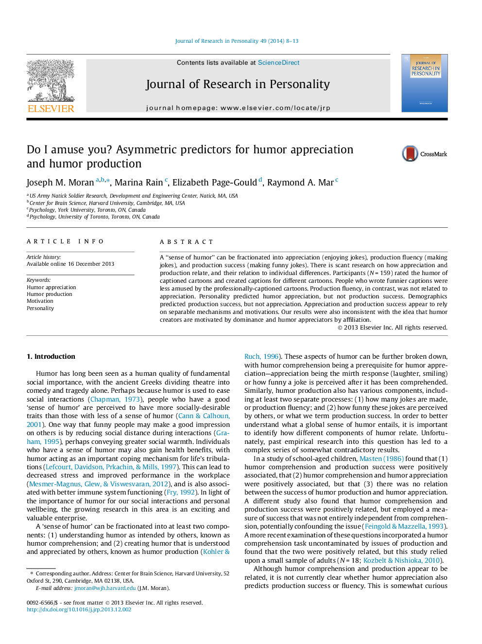 Do I amuse you? Asymmetric predictors for humor appreciation and humor production