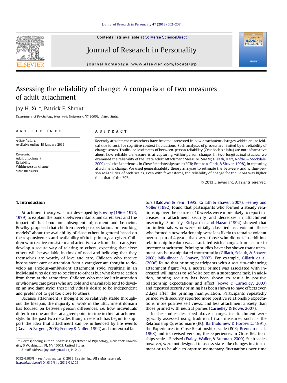 Assessing the reliability of change: A comparison of two measures of adult attachment