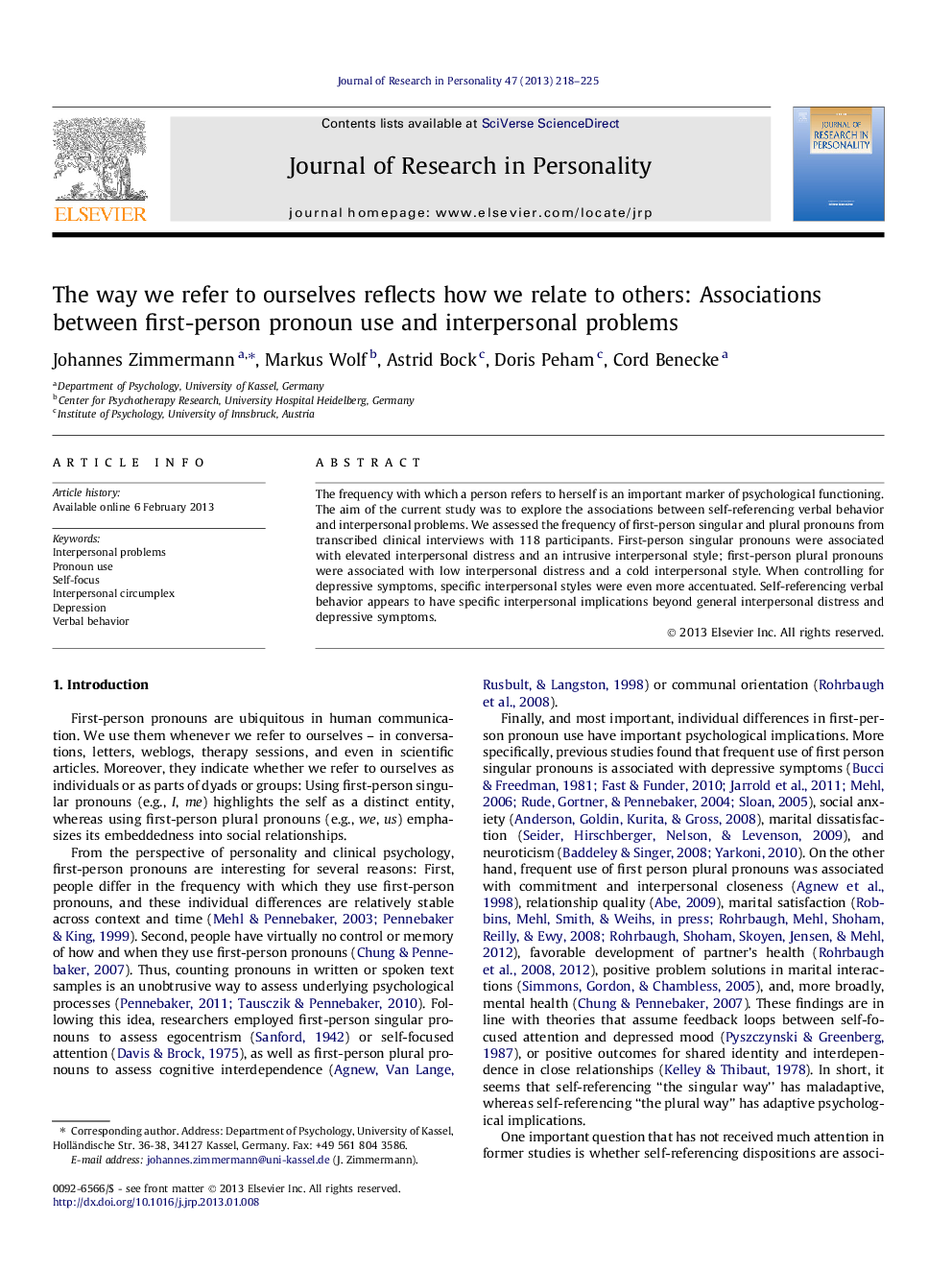 The way we refer to ourselves reflects how we relate to others: Associations between first-person pronoun use and interpersonal problems