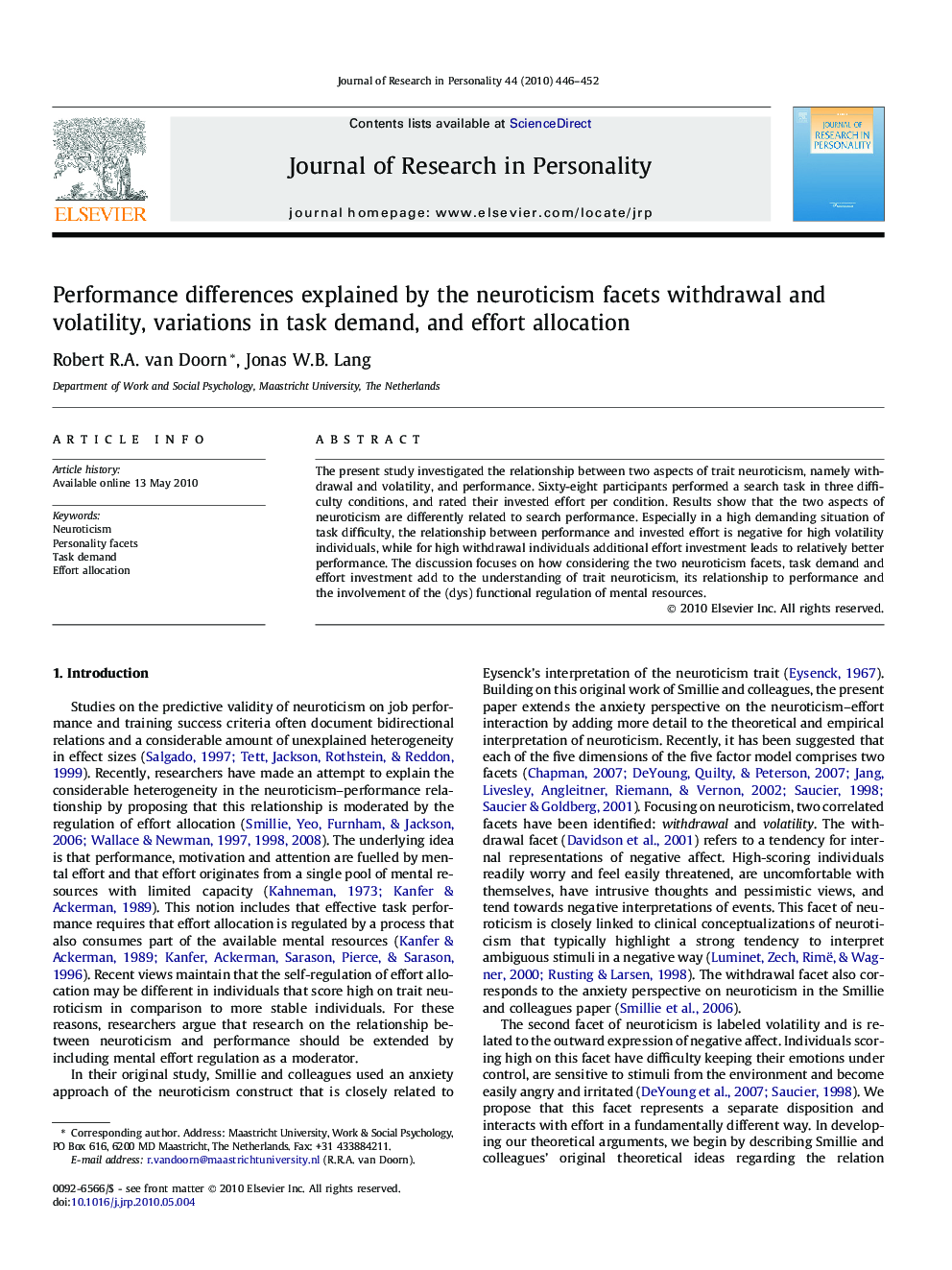 Performance differences explained by the neuroticism facets withdrawal and volatility, variations in task demand, and effort allocation